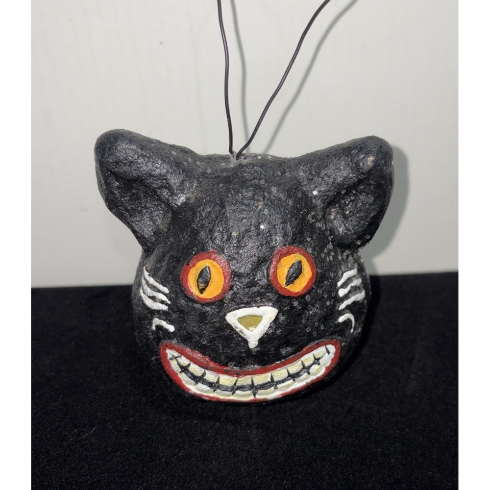 VTG Style Paper Mache Black Cat Head Ornament Halloween Retro Grinning Folk Art
